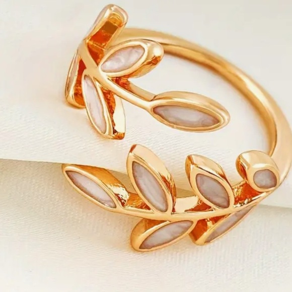 Personality Luxury Drop Glaze Style Leaf Open Ring 14K Gold Plated Ring - Picture 2 of 5